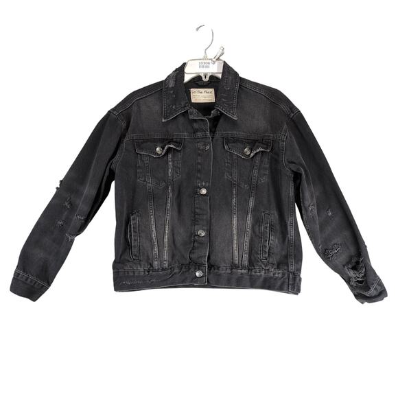 We the Free People Jolene Trucker Black Denim Jean Jacket Women's XS Distressed - Picture 1 of 10
